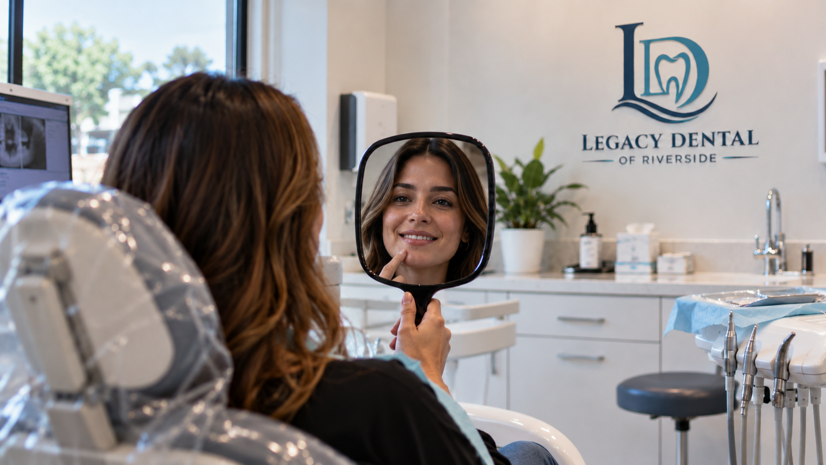 Smiling patient checking her smile in a hand mirror at Legacy Dental of Riverside