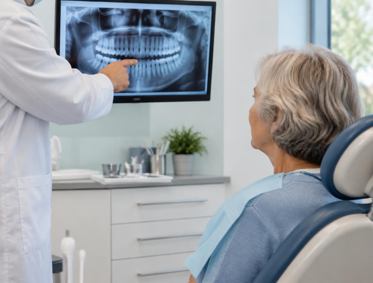 Dentist reviewing a dental X-ray on screen with a patient