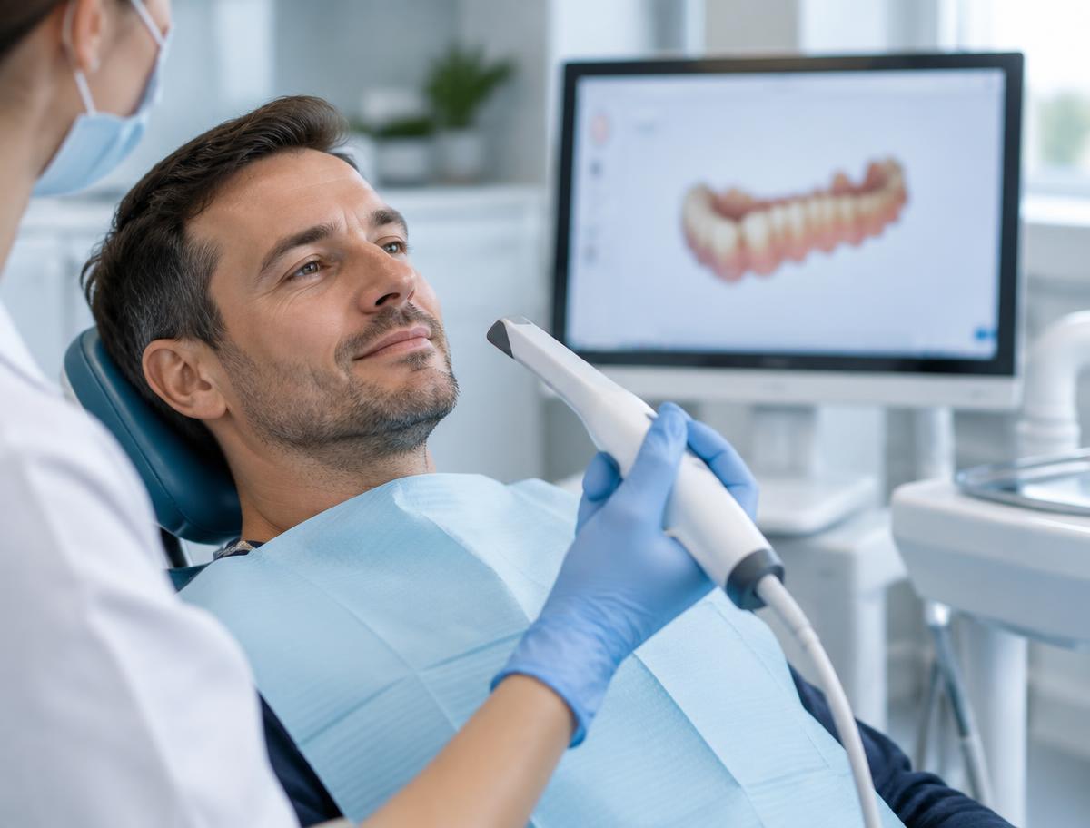 Digital dental scan with a 3D model shown on a monitor