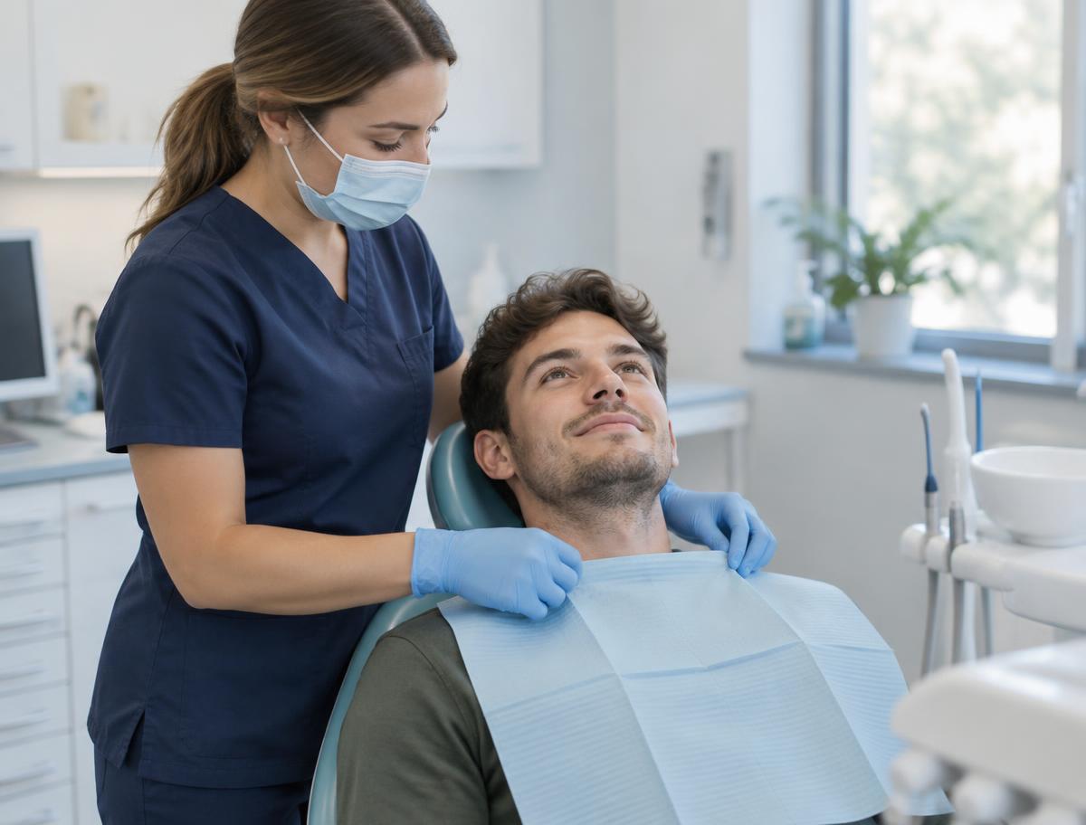 Dental team member helping a patient get comfortable in the chair