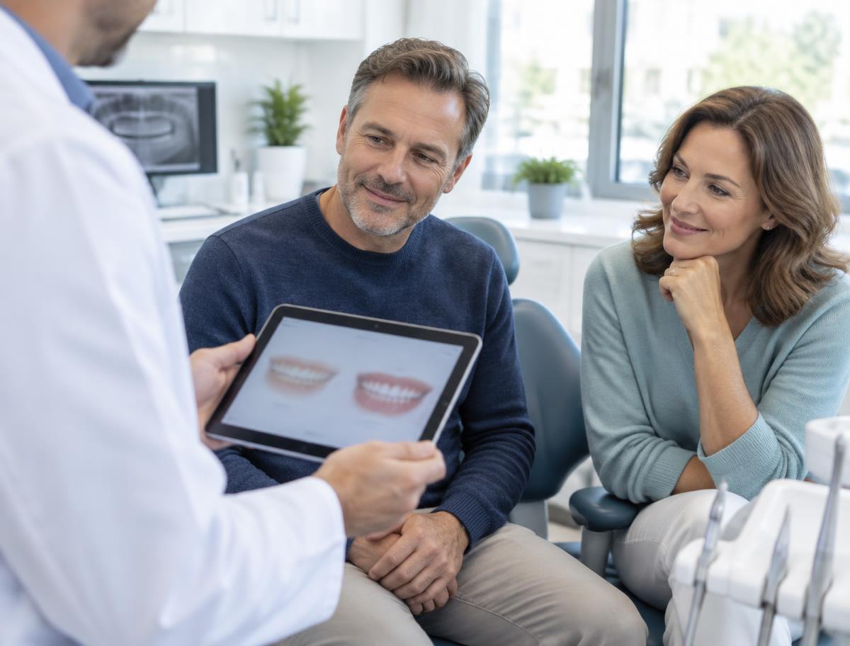 Dentist walking patients through a treatment plan on a tablet