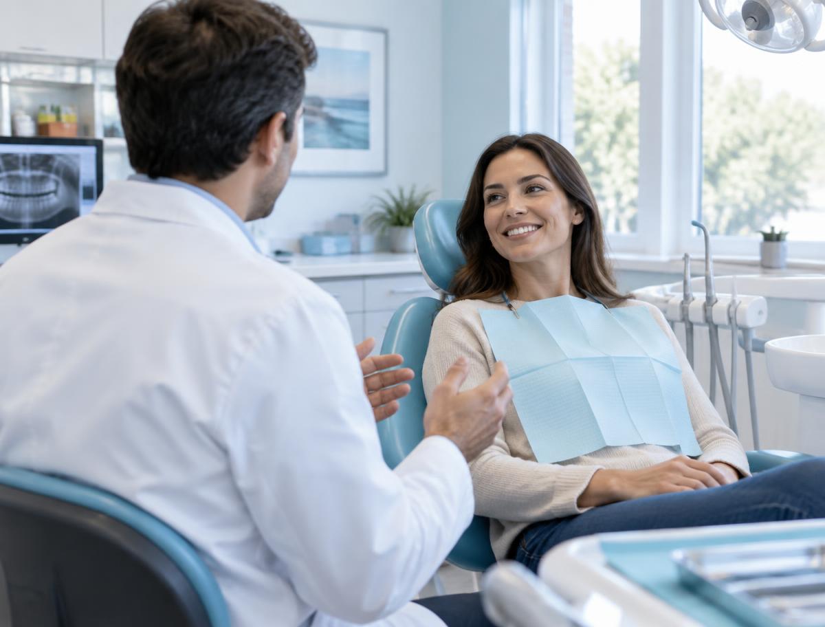Dentist talking with a relaxed patient in a bright treatment room